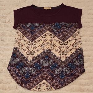 Rewind Plum & Cream Short Sleeve Mixed Print Top